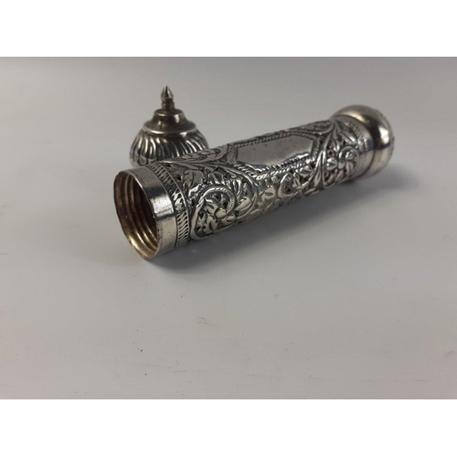 234 - A small unmarked ORIENTAL SILVER letter or scroll holder heavily decorated with scrolling flower des... 