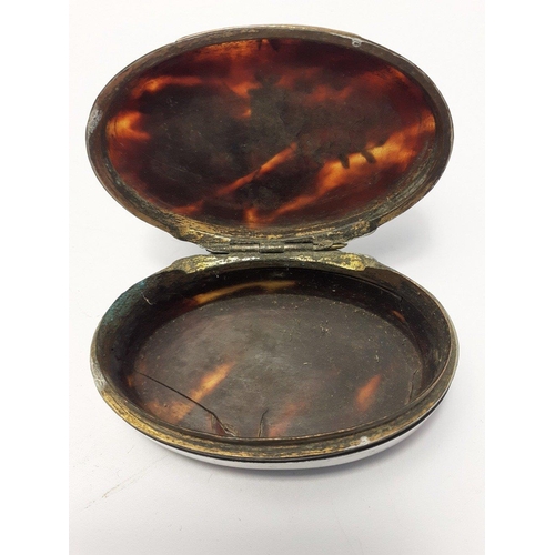 235 - Two antique tortoise shell snuff boxes, an oval one with white metal inlay to the lid and similar ba... 