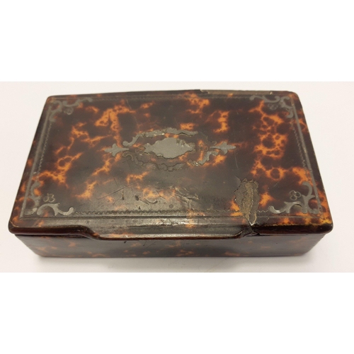 235 - Two antique tortoise shell snuff boxes, an oval one with white metal inlay to the lid and similar ba... 