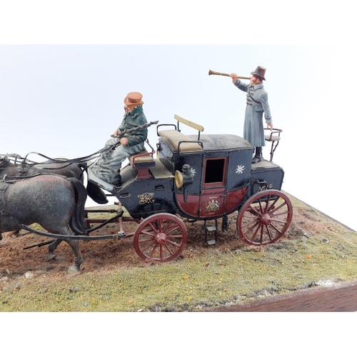 240 - Diorama mounted scene, period ROYAL MAIL coach No 14 die-cast hand painted figures with coach in Roy... 