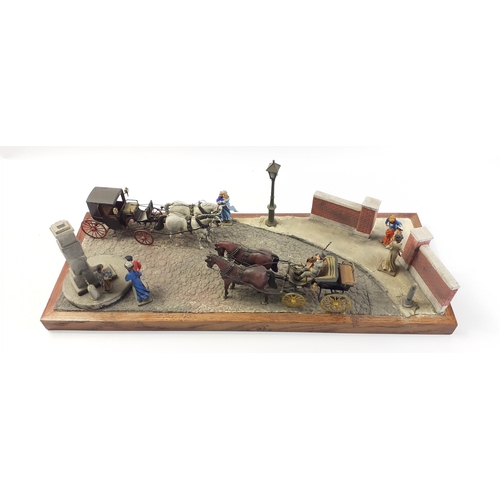 241 - NICE DETAIL! -Diorama mounted Victorian Period Street scene, die-cast hand painted figures with two ... 