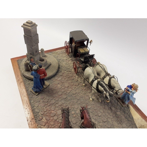 241 - NICE DETAIL! -Diorama mounted Victorian Period Street scene, die-cast hand painted figures with two ... 