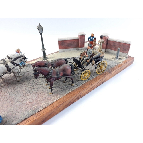 241 - NICE DETAIL! -Diorama mounted Victorian Period Street scene, die-cast hand painted figures with two ... 