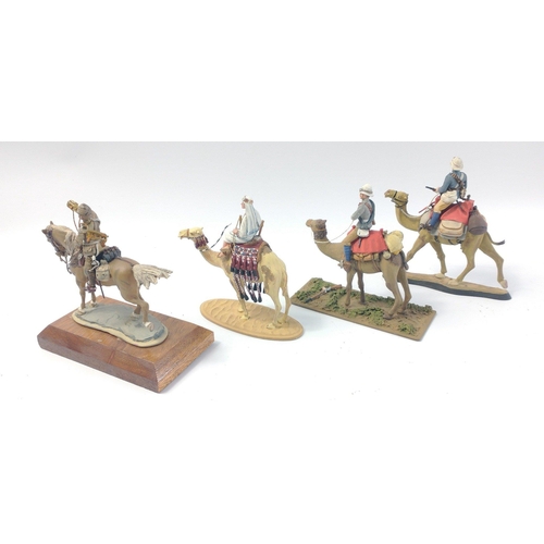 242 - Completed hand painted mounted Andrea die-cast camel miniature and rider 11cm x 11cm, also two furth... 