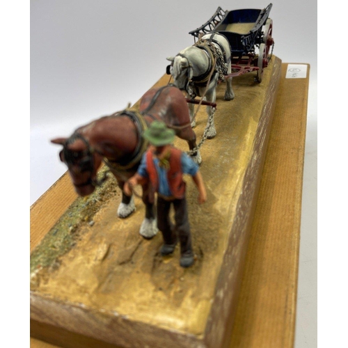 246 - HISTOREX style diorama model Agricultural scene with two heavy horses pulling a 4 wheeled open top c... 