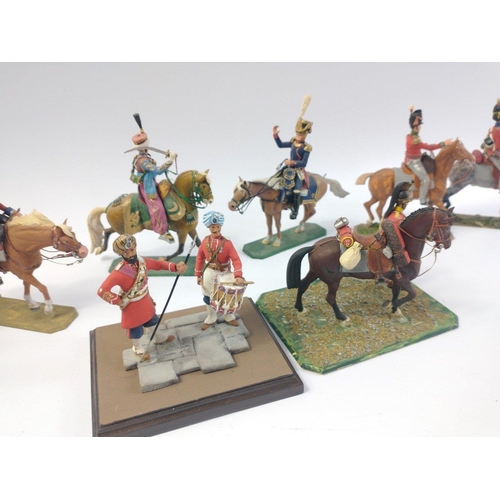 247 - 7 x French HISTOREX branded finished hand painted mounted cavalry, with also a diorama of two Britis... 