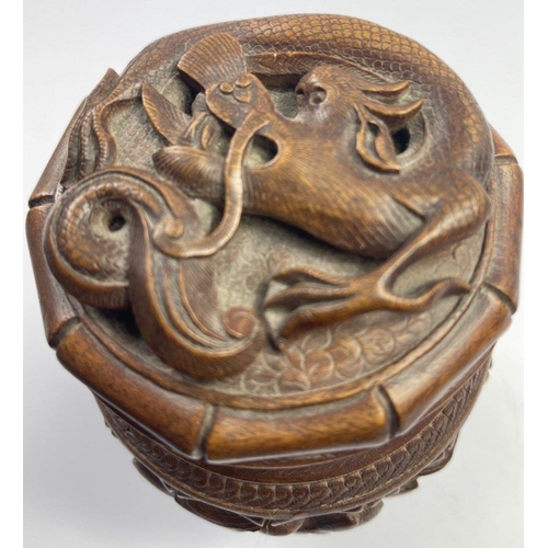 262 - A nice example of a vintage hand carved with serpents wooden CHINESE raised pot with lid - dimension... 