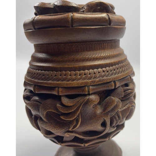 262 - A nice example of a vintage hand carved with serpents wooden CHINESE raised pot with lid - dimension... 