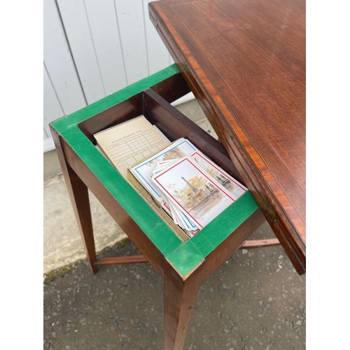 313 - A nice EDWARDIAN string-inlay bridge/card table with twisting and gold-over green felt card baize  t... 