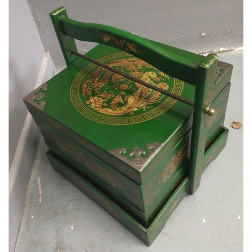 321 - An ORIENTAL HIGHLY decorative green and gold painted lacquered with carry handle mock food carrier -... 