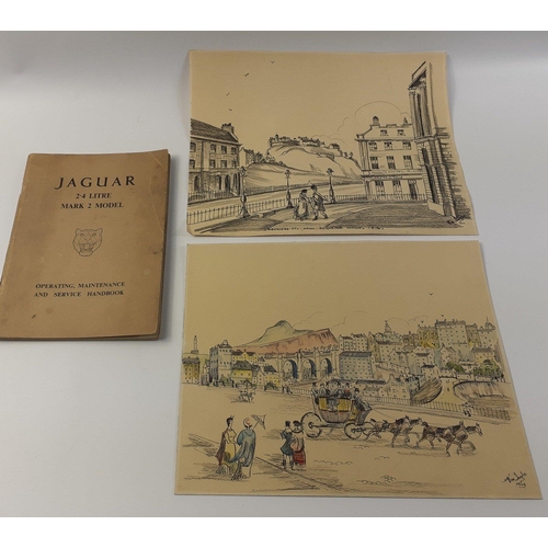 347 - A vintage JAGUAR 2.4 LITRE Mark 2 Service Handbook and two small unframed works showing old Edinburg... 