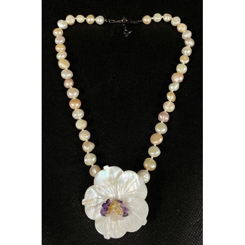 350 - A selection of PEARL NECKLACES to include 3 string multi-coloured with an abalone flower pendant, a ... 