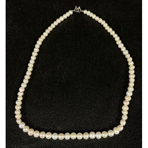 350 - A selection of PEARL NECKLACES to include 3 string multi-coloured with an abalone flower pendant, a ... 