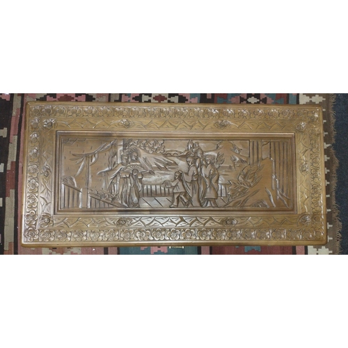 379 - An attractive large oriental themed blanket box with lovely decoration and superb carved panels.  Me... 