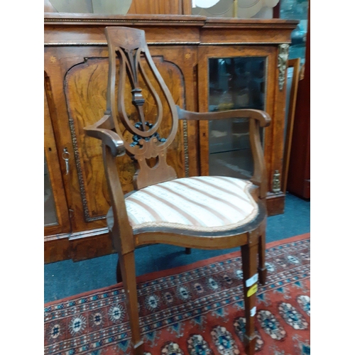 388 - An ornate EDWARDIAN  marquetry backed panelled (tiny piece missing) formal chair with tapestry seat ... 