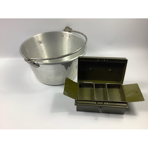 393 - A lightweight aluminium jelly pan, dia approx 33cm, stands approx 17cm high plus a metal money box i... 