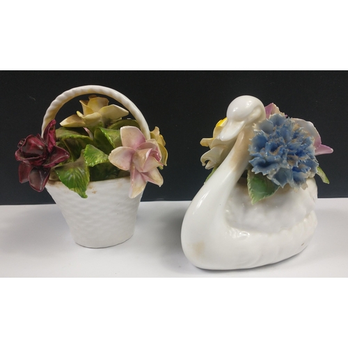 53 - A RADNOR floral swan approx 12cm long, and a RADNOR flower basket approx 10cm high#48