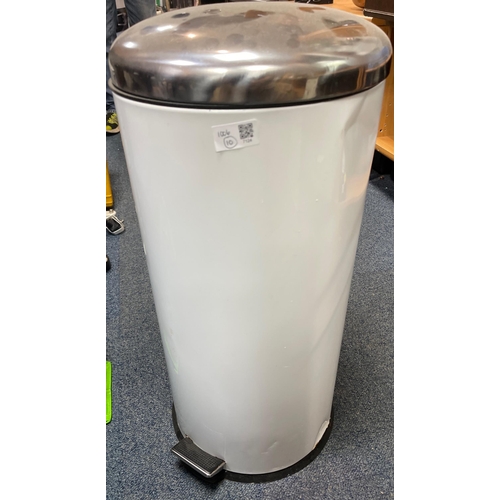 62 - A large white metal pedal bin with stainless steel lid - there is a dent at the top of the bin - sui... 