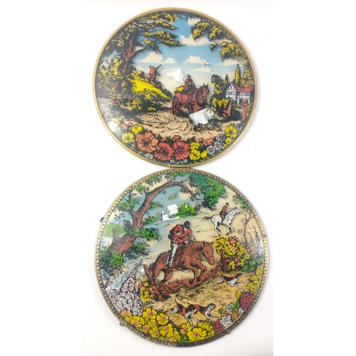 66 - A pair of glass roundel hunting scene and rural horse and cart scene#59