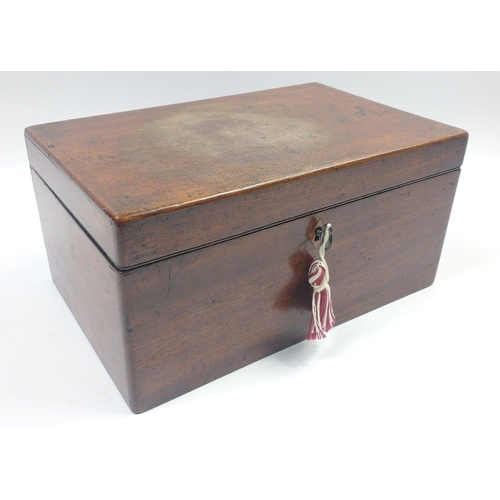 109 - A VINTAGE mahogany wooden jewellery box complete with key and contents, mainly strings of beads and ... 