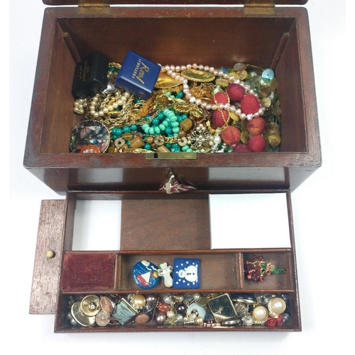 109 - A VINTAGE mahogany wooden jewellery box complete with key and contents, mainly strings of beads and ... 