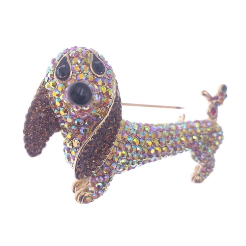 114 - A glittery BUTLER & WILSON dachshund with butterfly brooch 7cm long approx, in B&M box#114... 