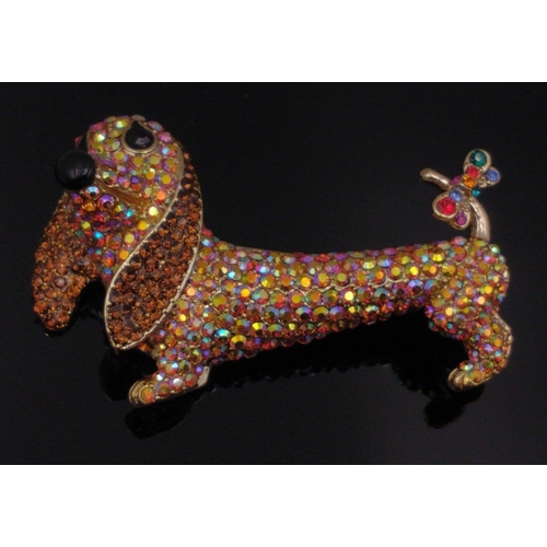 114 - A glittery BUTLER & WILSON dachshund with butterfly brooch 7cm long approx, in B&M box#114... 