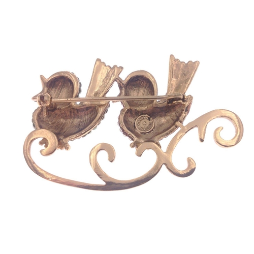 115 - A pair of BUTLER & WILSON glittery birds on a branch, 6cm long, B&M stamp to reverse of broo... 