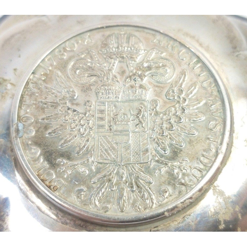 154 - An unusual pair of small 10cm diameter 800 SILVER dishes set with large MARIE-THERESE coins dated 17... 