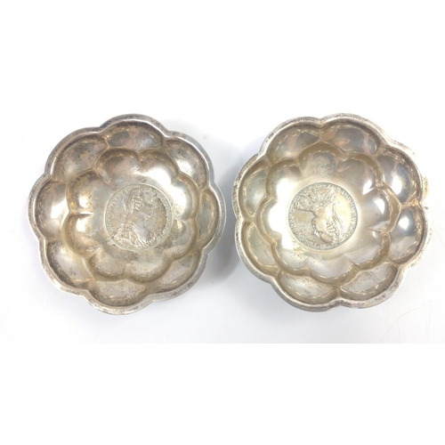 154 - An unusual pair of small 10cm diameter 800 SILVER dishes set with large MARIE-THERESE coins dated 17... 