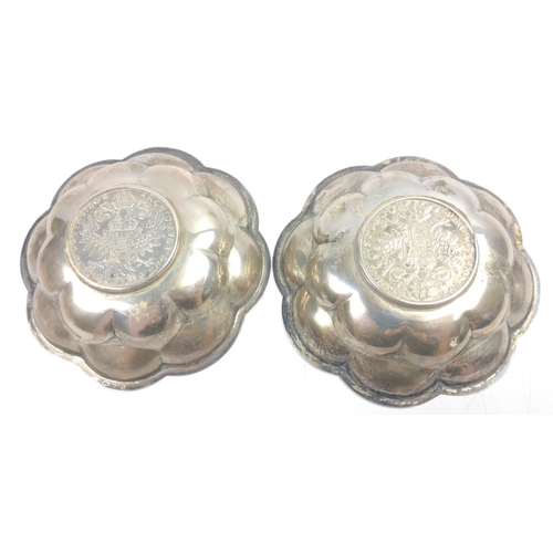 154 - An unusual pair of small 10cm diameter 800 SILVER dishes set with large MARIE-THERESE coins dated 17... 