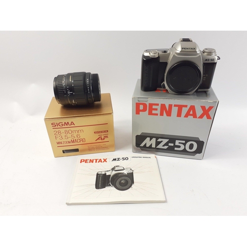 461 - A boxed PENTAX MZ-50 SLR film camera body with a boxed SIGMA 28-80 lens.  Both in good well cared fo... 