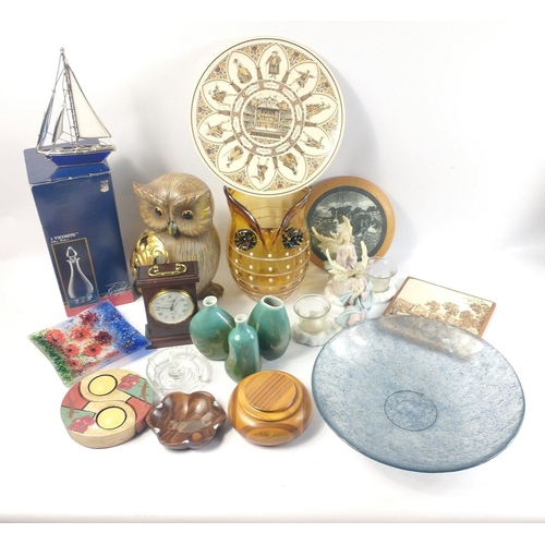 102 - A mixed box of decorative items to include a boxed Cristal d'Arques decanter, a New Zealand wooden b... 