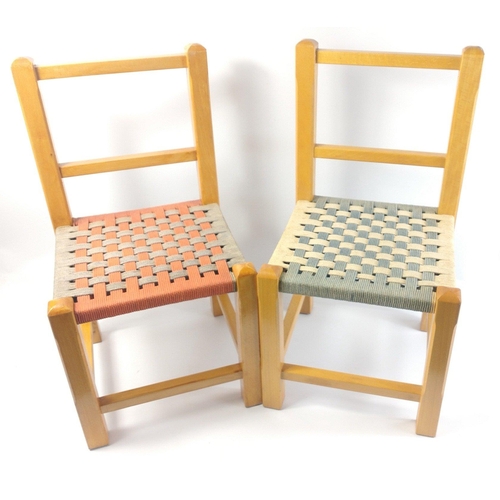 105 - Two children's wooden chairs with woven seats, one blue and one orange, 56cm high, seat height 28cm,... 