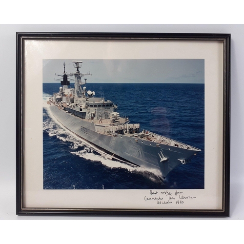 115 - Signed photo of Royal Navy Frigate F92 HMS BOXER. Neatly framed with dedication from COMMANDER TIM L... 