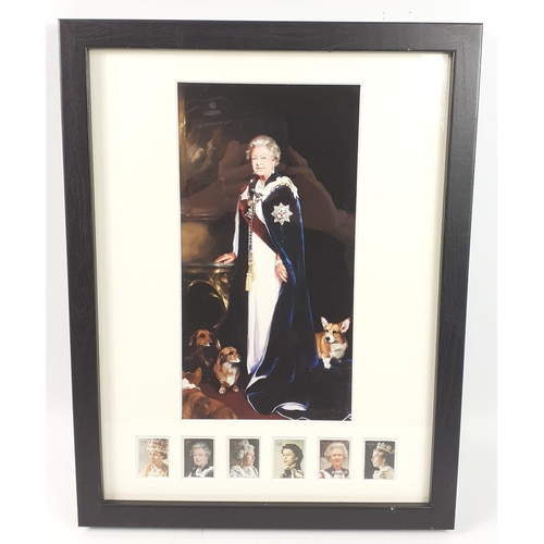 19 - ROYAL MAIL - framed 2013 Nicky Philips HM Queen Portrait and 6 stamps Royal Mail. (frame size 43x33c... 