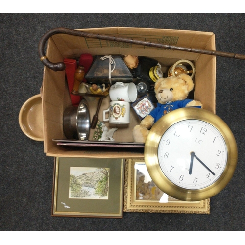 199 - A mixed box to include a small LIMOGES trinket box, a Kilmarnock FC supporting teddy bear, a rubber ... 