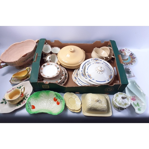 213 - A mixed and useful box of ceramics to include, DELPHINE Crown china 1 large plate, 6 side plates, si... 