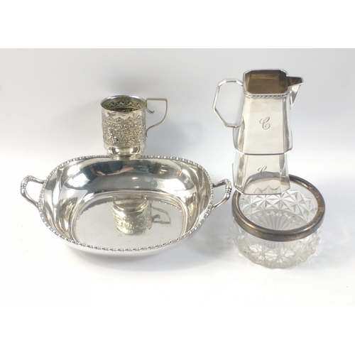 219 - A small selection of SILVER PLATE items to include a twin handled dish 26cm handle to handle , a sma... 