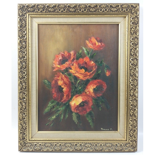 222 - An OIL on board showing a bunch of red flowers signed PATRICIA M , the frame measures 52 cm x 42cm#2... 