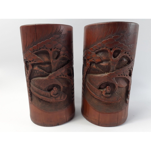 303 - A lovely pair of VINTAGE Chinese carved bamboo calligraphy brush pots each standing approx 20cm high... 