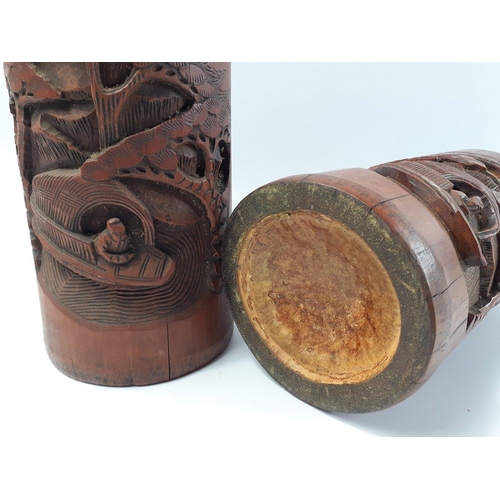 303 - A lovely pair of VINTAGE Chinese carved bamboo calligraphy brush pots each standing approx 20cm high... 