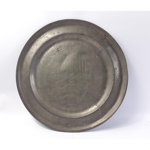 343 - A substantial early eighteenth century Scottish Communion Plate in pewter.  38cm in diameter,  Some ... 