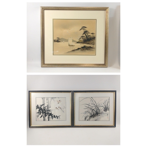 73 - A pair of ORIENTAL artworks on silk signed by JAMES in matching frames, 44x37cm, visible work 30x24c... 