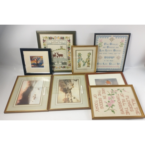 95 - A box of assorted FRAMED needleworks and prints, 8 in total#95