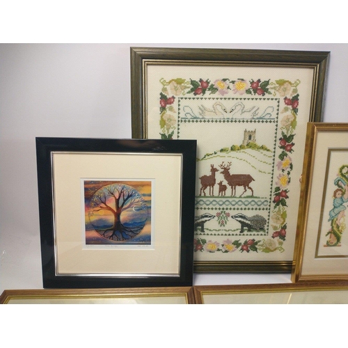 95 - A box of assorted FRAMED needleworks and prints, 8 in total#95