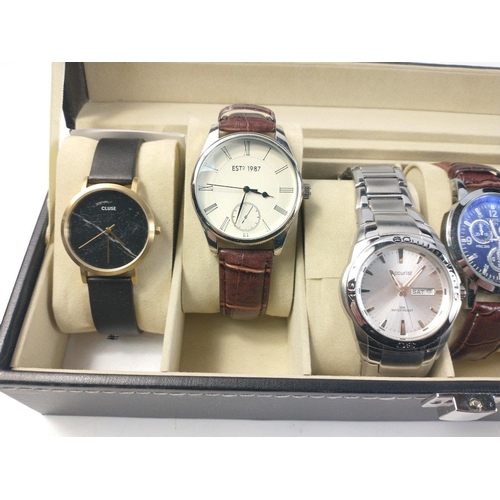 143 - A glass fronted watch display case with a variety of six gents watches#143