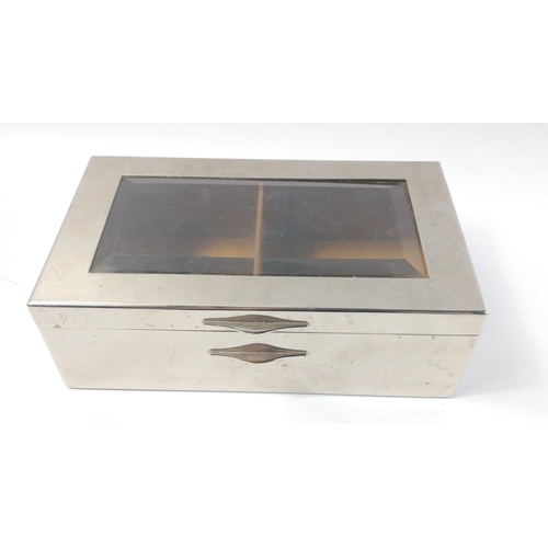 156 - Vintage cedar lined chrome plated cigarette box with nice glass lid. In nice condition but would ben... 