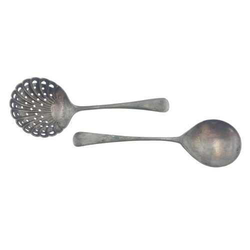 167 - A SILVER AND SILVER PLATED SPOONS, to include a white metal sugar-sifting spoon and an antique silve... 