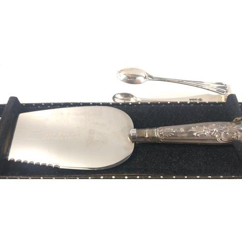 187 - A boxed cheese knife, gross weight 35g approx (20cm approx) with silver hallmarked handle, Sheffield... 